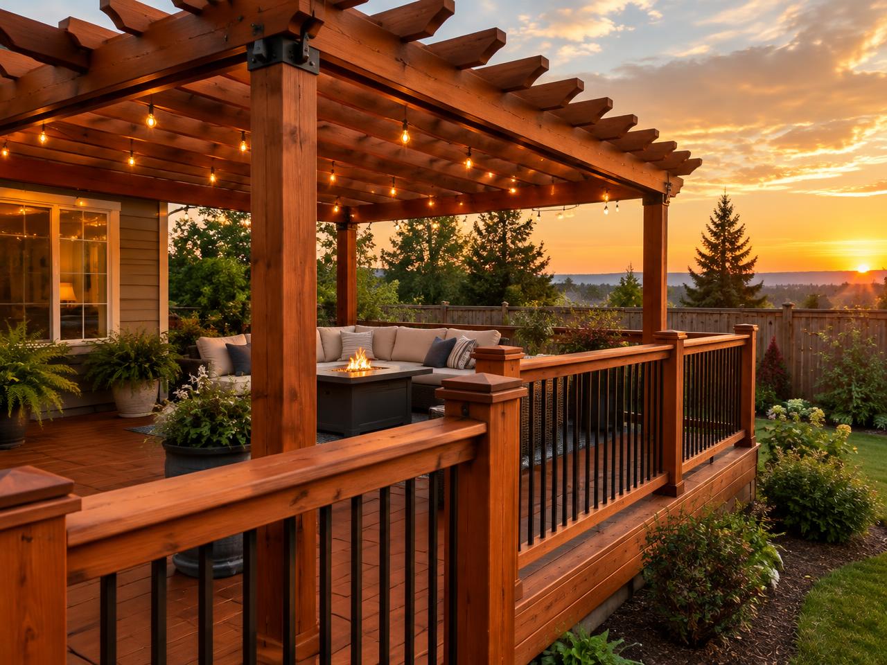 Cedar pergola and railing stained in redwood tones